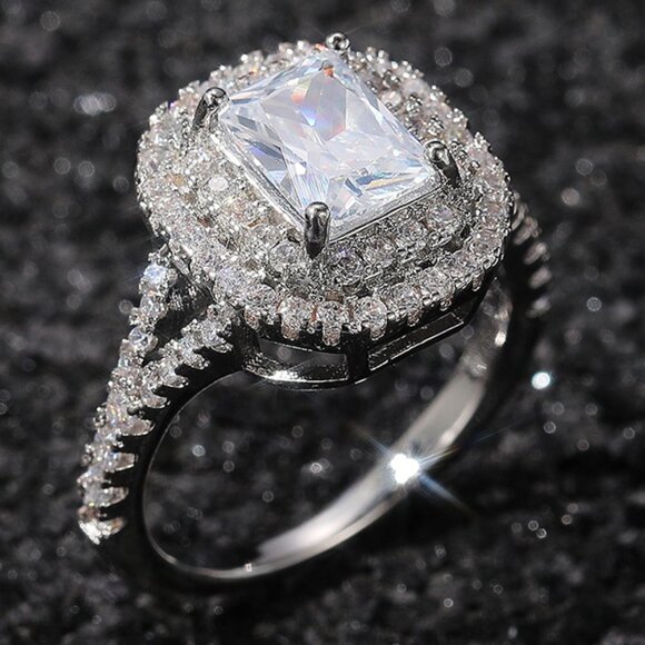 😍DOUBLE LAYER 14K WHITE GOLD RADIANT CUT PURE CZ LUXURY WEDDING RING, K856 - Picture 1 of 6